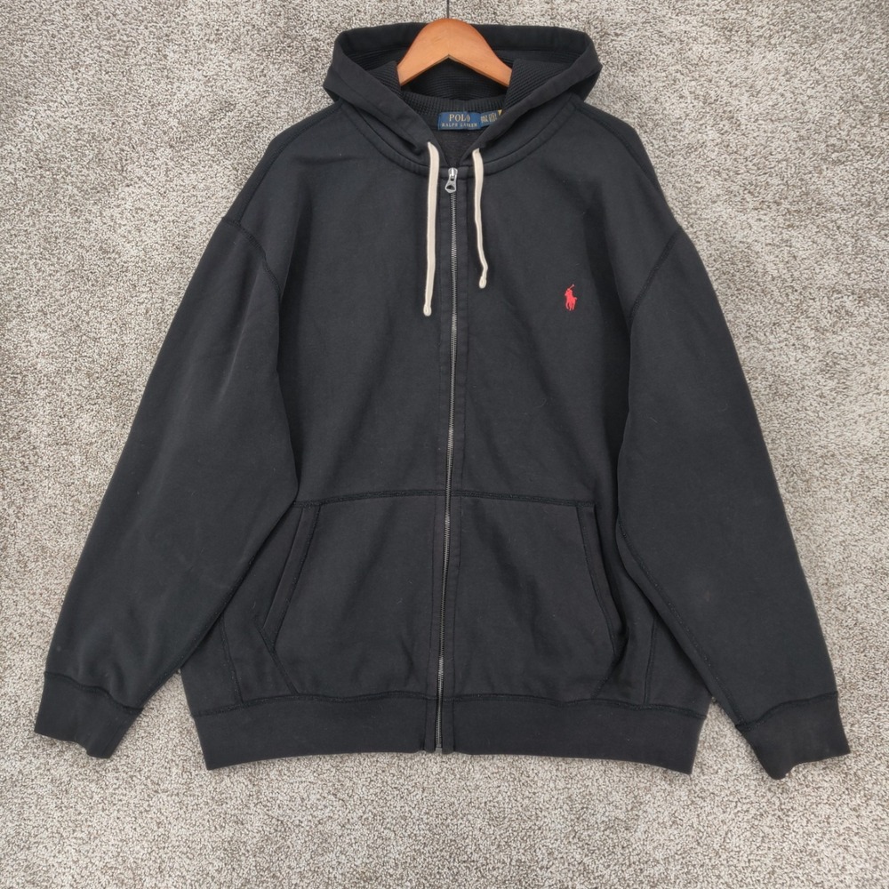 Polo Ralph Lauren Hoodie Mens 2XLT Black Full Zip Thermal Sweatshirt Pony Logo
